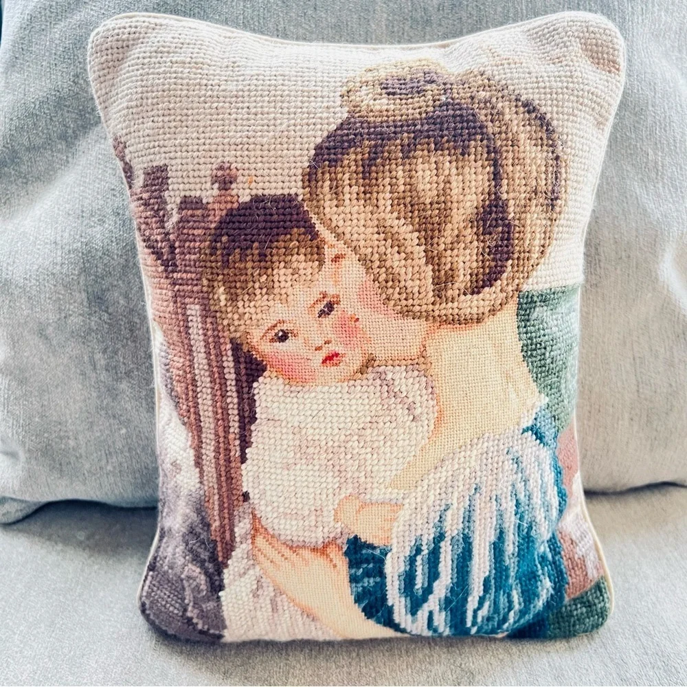 Vtg Wool Needlepoint Petit Point Pillow Mother Child Velvet Lillian Vernon.